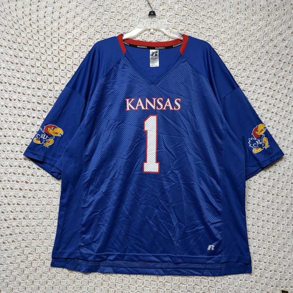 Kansas Jayhawks Russell Athletic Jersey Mens 2XL Blue Red NCAA #1 V Neck
